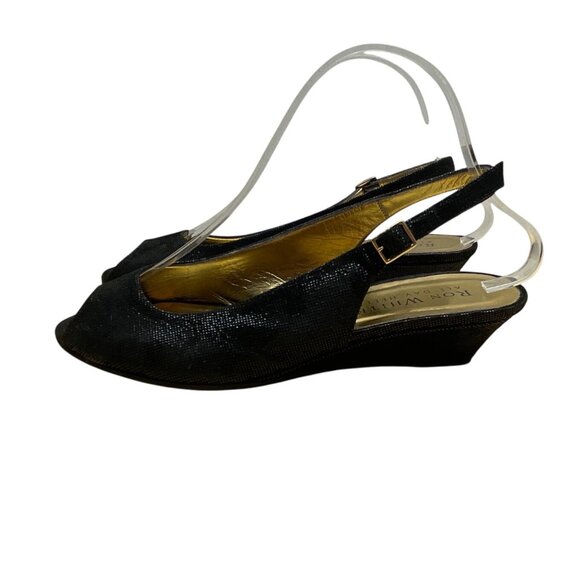 Ron White Elaine Onyx Black Geo Embossed Suede Peep Toe Slingback Wedges Size 40 - Picture 5 of 9